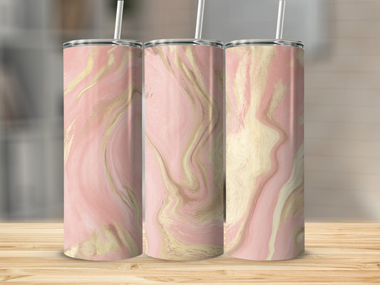 Three tumblers with pink and gold marble design on a wooden surface.