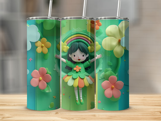 Green tumbler with cartoon girl, rainbow, and flowers.