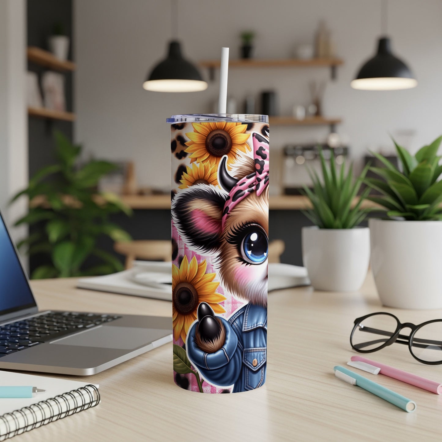 Cute cartoon cow in denim jacket with sunflowers on a tumbler.