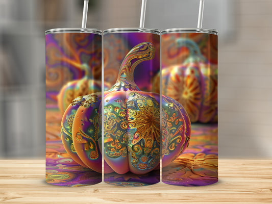 Three detailed, psychedelic pumpkin tumblers on a wooden surface.
