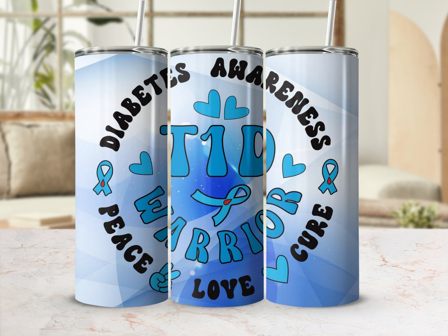 Diabetes Awareness T1D Warrior Peace Love Cure Tumbler