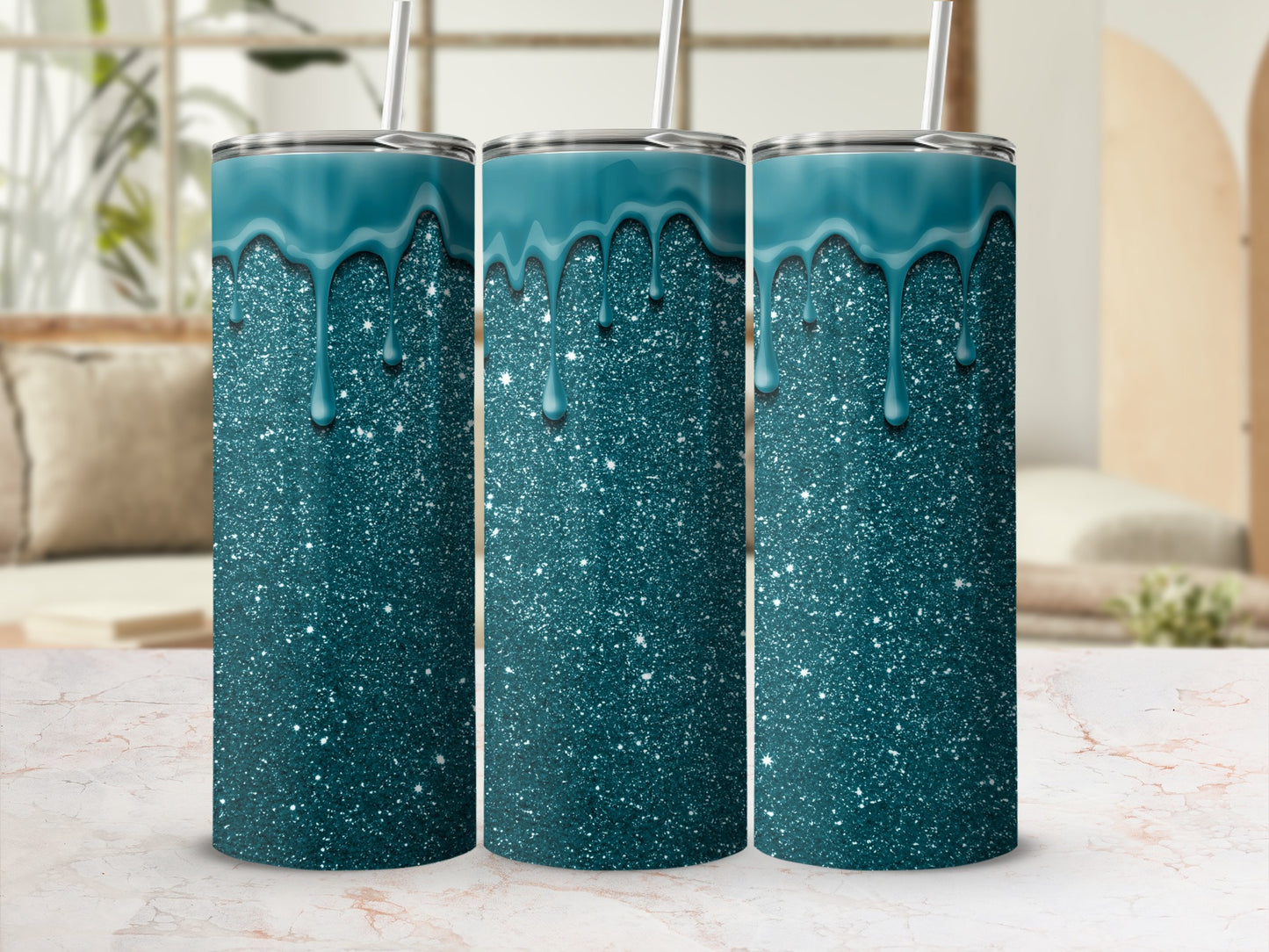 Glitter Teal Blue Drip Design Skinny Tumbler