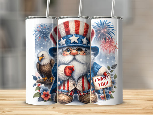 Uncle Sam gnome with eagle and fireworks, holding "I WANT YOU!" sign.