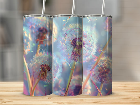 Three tumblers with dandelion seed heads against a soft, blurred background.