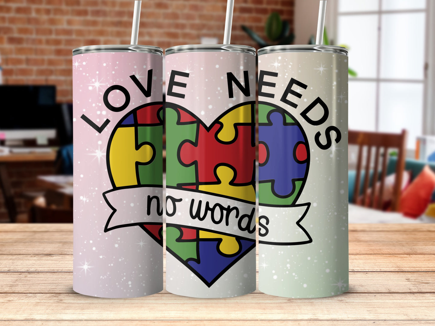 Inspirational Love Needs No Words Heart Puzzle Tumbler