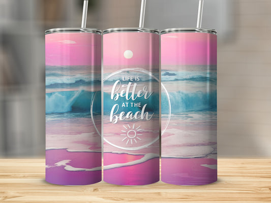 Three tumblers with beach sunset scene and "Life is better at the beach" text.