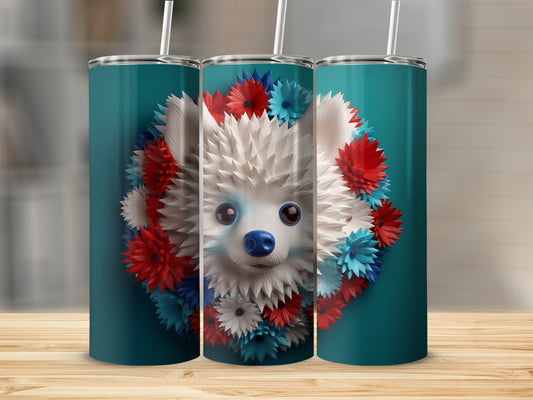 Fluffy white dog with blue eyes surrounded by red, white, and blue flowers.