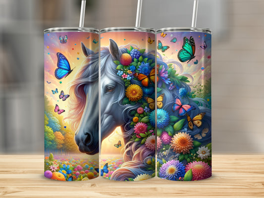 Horse with flowing mane and vibrant flowers, surrounded by colorful butterflies.