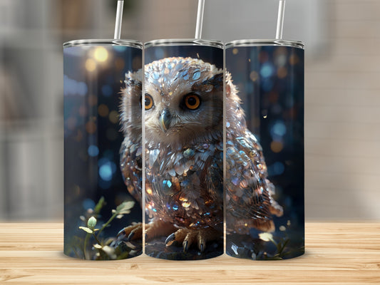 3D rendering of a sparkly owl on a tumbler with straws.