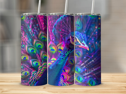 Three tumblers with a vibrant peacock feather design.
