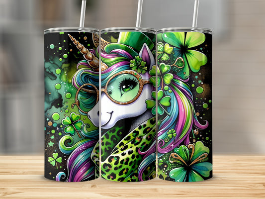 Unicorn wearing glasses and a hat with shamrocks, set against a green marble background.