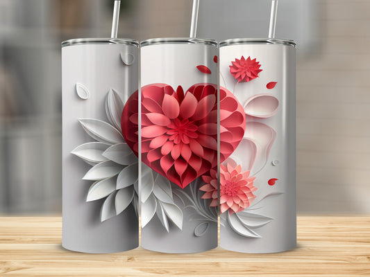 Three white tumblers with a red floral heart design and white accents.