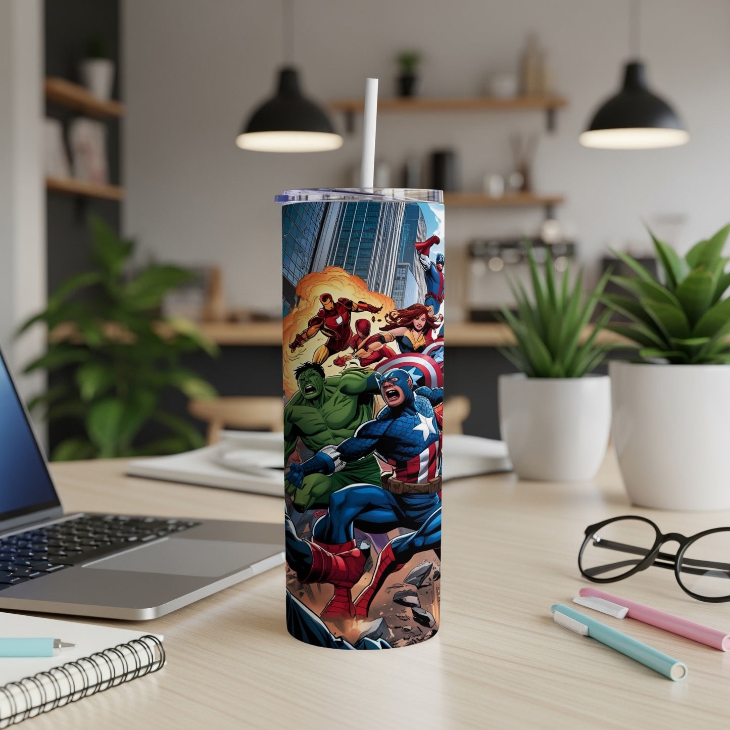 Avengers characters in action on a tall tumbler in a home office setting.