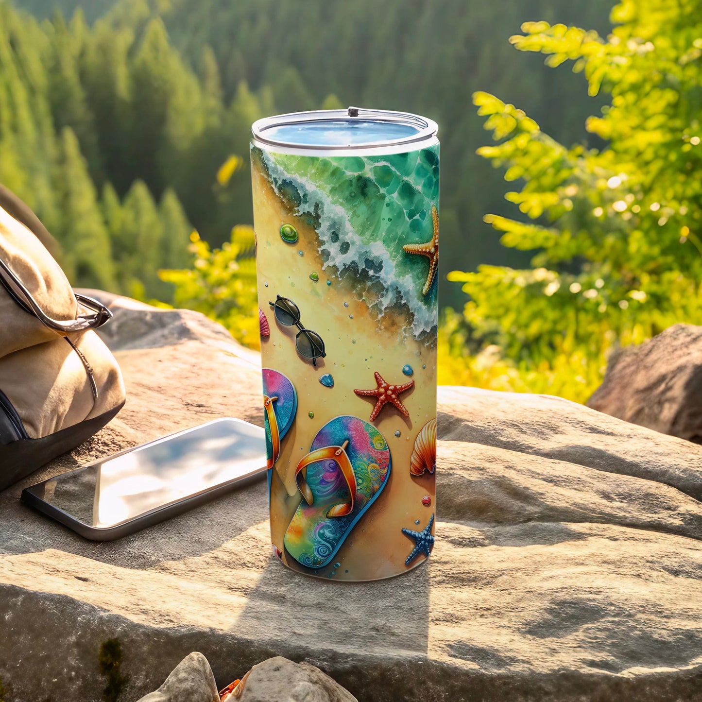 Beach scene tumbler with flip-flops, sunglasses, and starfish on a rock.