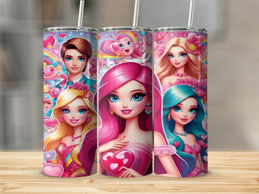 Three cartoon women with pink hair and bright dresses, holding hearts.