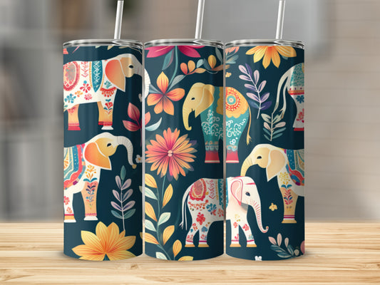 Three tumblers with colorful elephant and floral designs.