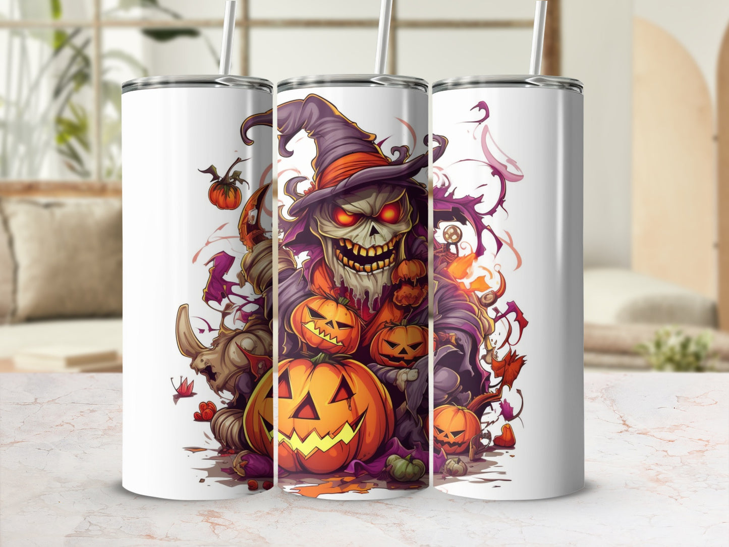 Halloween Skeleton Witch with Pumpkins Tumbler Cup