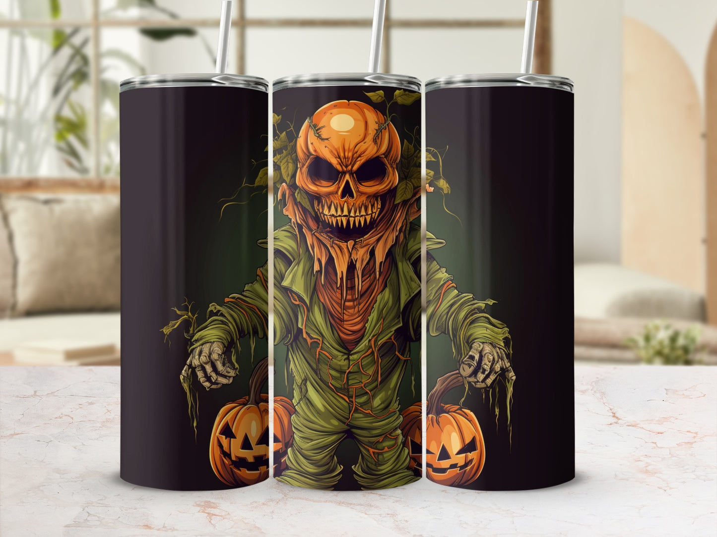 Halloween Pumpkin Scarecrow Design Travel Tumbler Cup