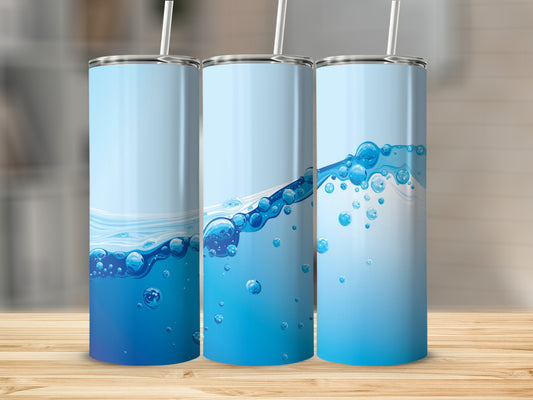 Three blue tumblers with a water bubble design and straws.