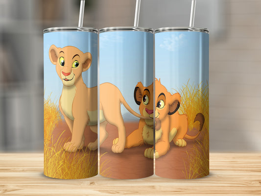 Three Simba and Nala tumblers with Lion King jungle scene.