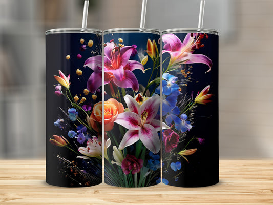 Three tumblers featuring a vibrant floral arrangement on a dark background.
