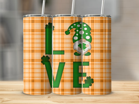 Three tumblers with "LOVE" and St. Patrick's Day gnome pattern.