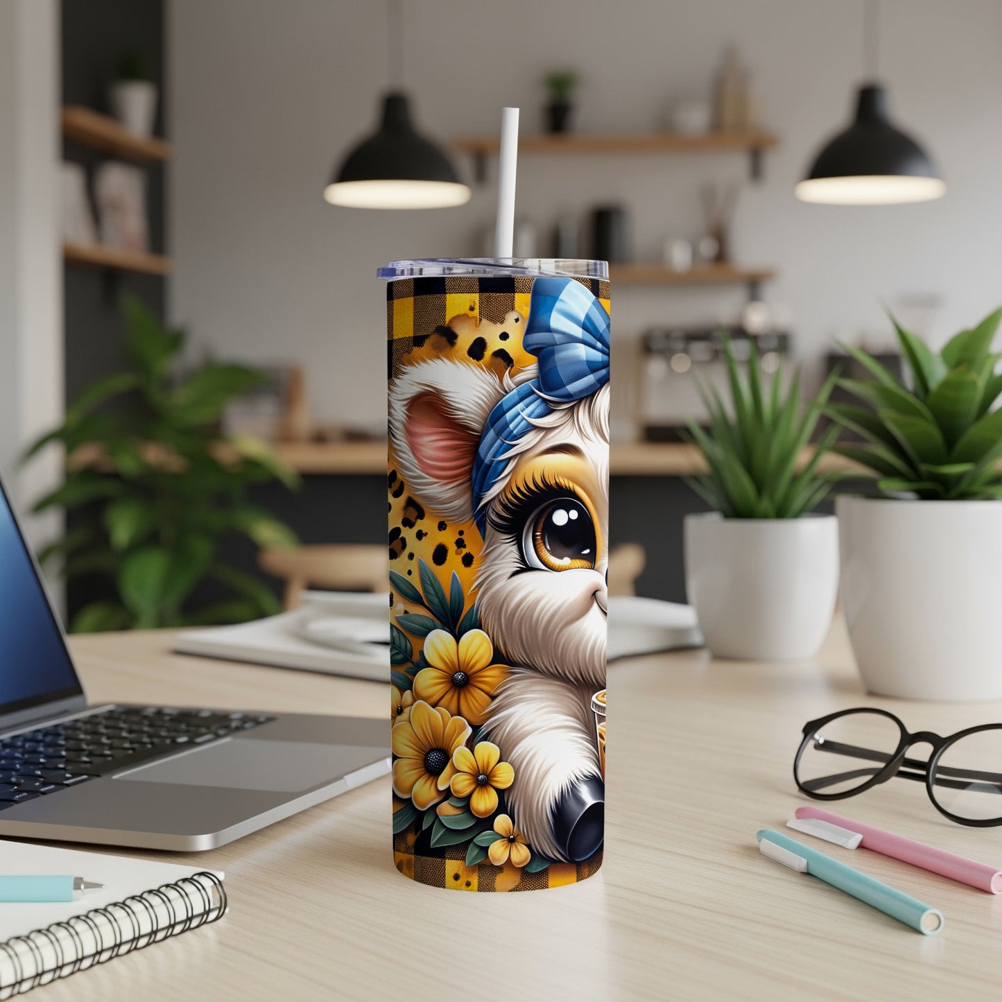 Cute cartoon cat with flowers on a yellow plaid tumbler.