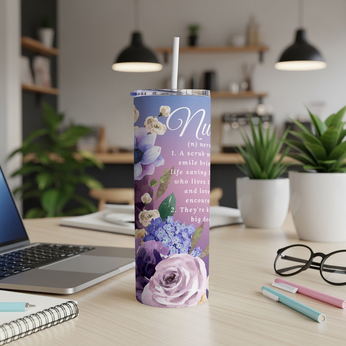 Purple floral design on a tumbler with "Nurse" text and definitions.