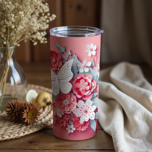 Floral Butterfly Design Tumbler with Pink Background