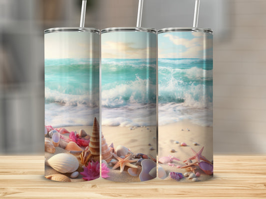 Three tumblers with a beach scene and seashells design.