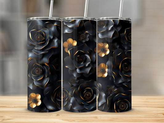 Three tumblers with black and gold floral patterns on a wooden surface.