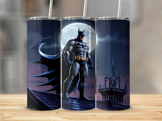 Batman standing on a rooftop with a full moon and cityscape behind him.