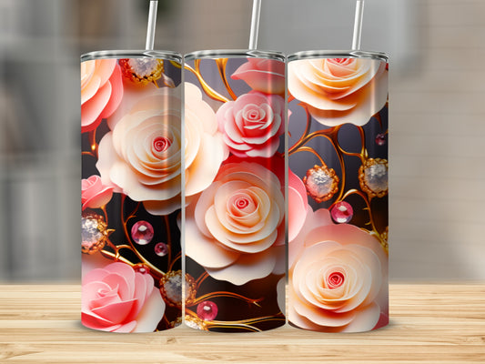 Three tumblers with pink and cream roses and gold accents.