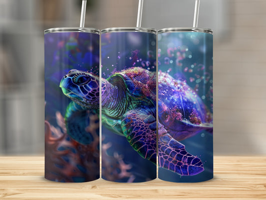 Three tumblers with a purple and blue sea turtle swimming in water.