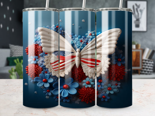 Butterfly with American flag wings surrounded by red and blue flowers.