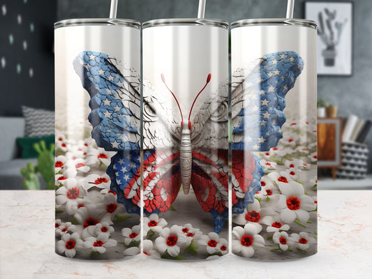 Butterfly with American flag wings perched on white flowers.