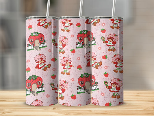 Strawberry Shortcake pattern on pink tumbler with straw.