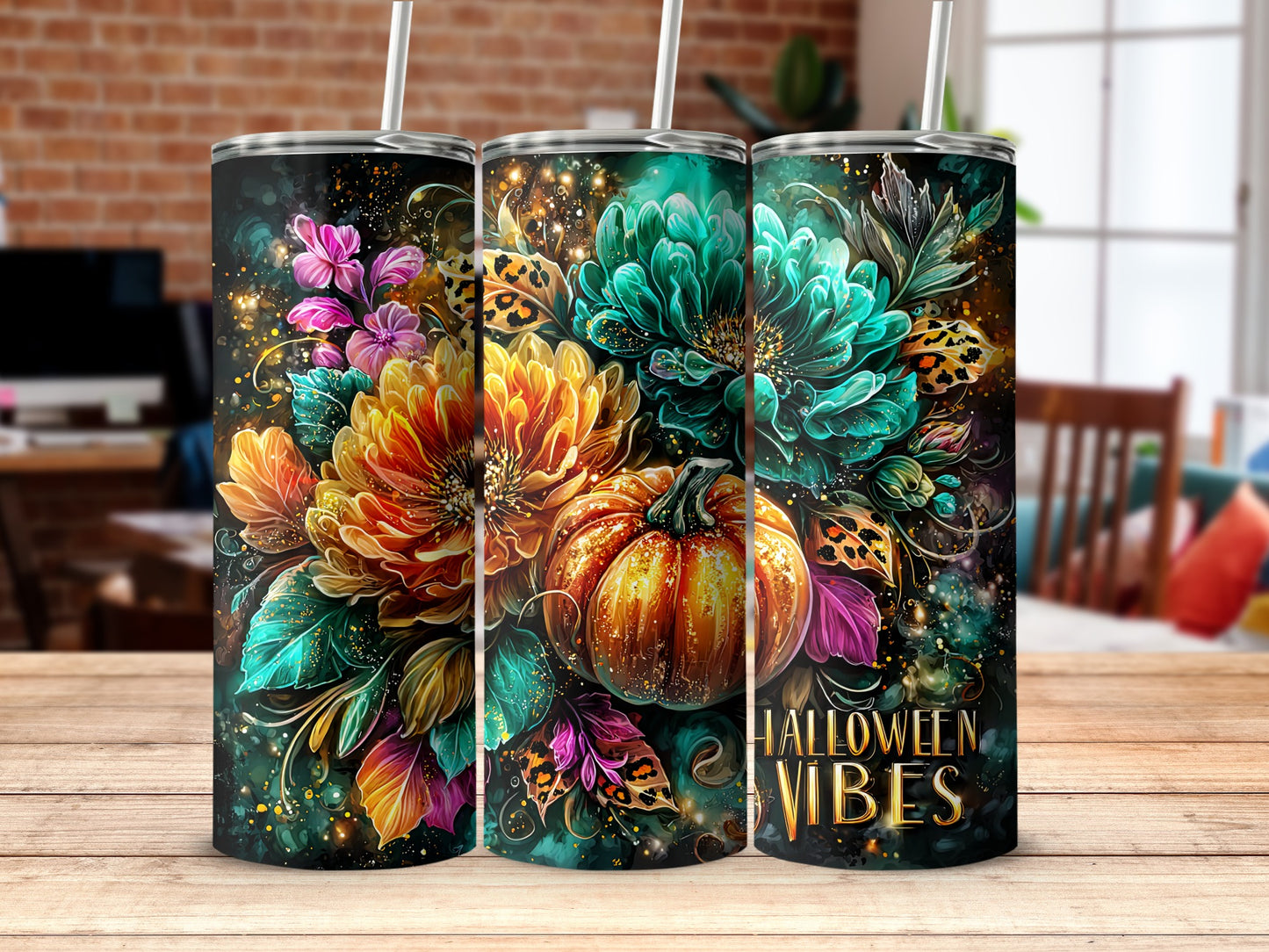 Halloween Vibes Colorful Pumpkin Floral Tumbler