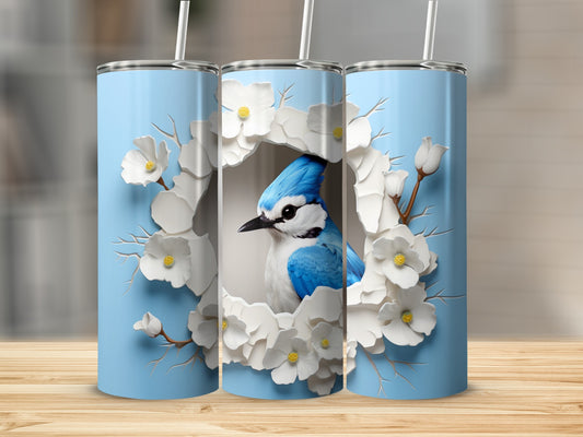 Blue Jay Bird White Floral Wreath Light Blue Tumbler product type