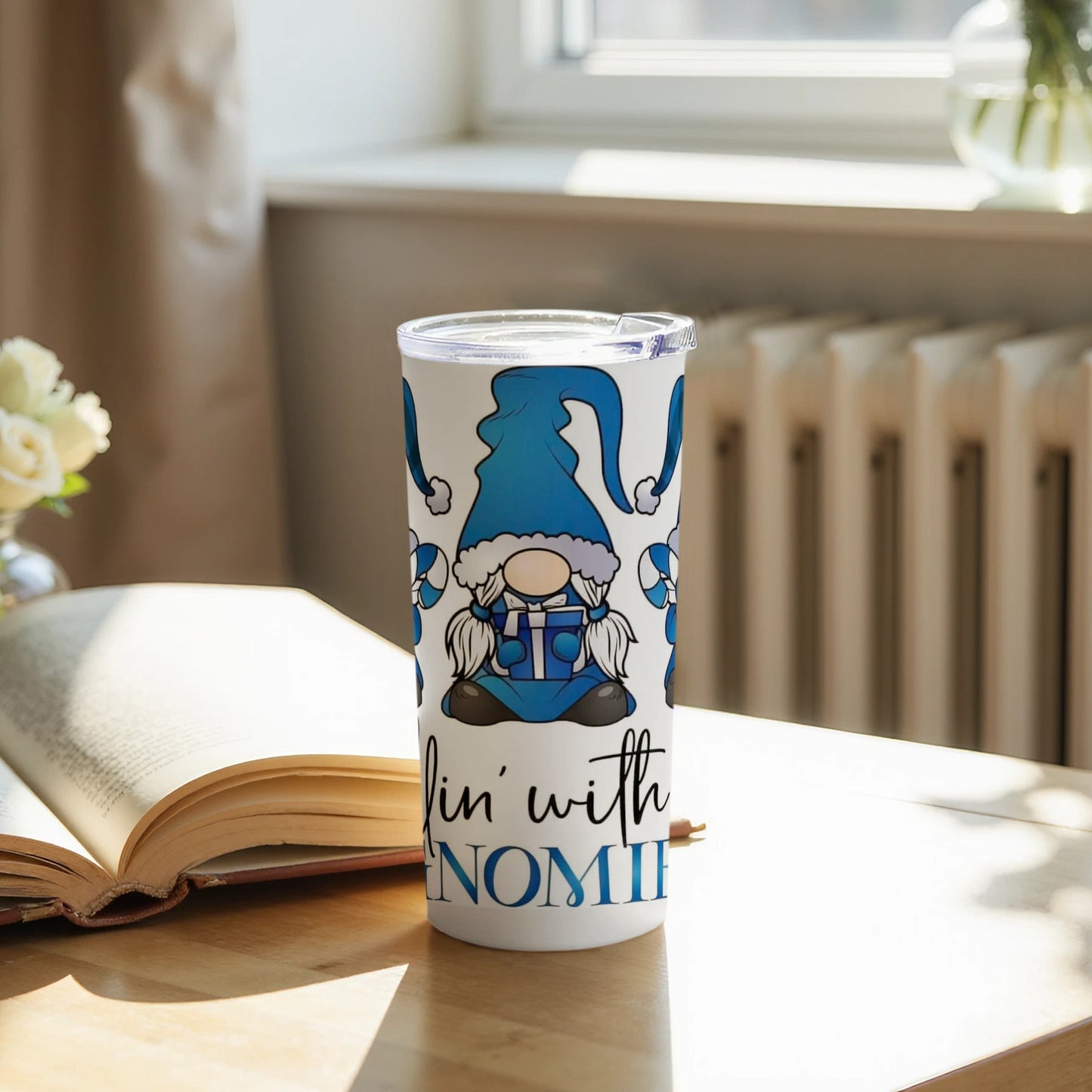 Chillin With My Gnomies White and Blue Travel Mug