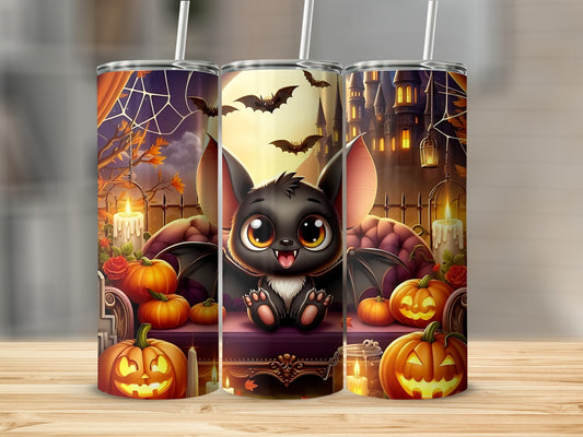 Halloween tumblers with cute bat, pumpkins, and spooky castle scene.