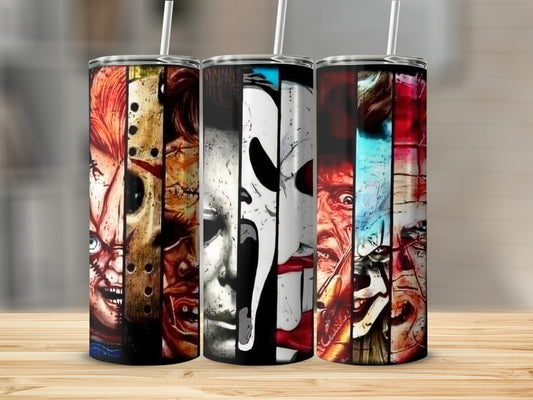 Three tumblers featuring horror movie characters: Chucky, Freddy Krueger, Michael Myers, and Ghostface.