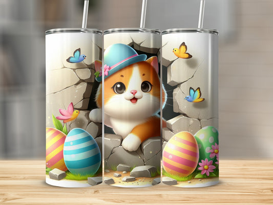 Easter cat wearing hat peeking through cracked wall with decorated eggs.