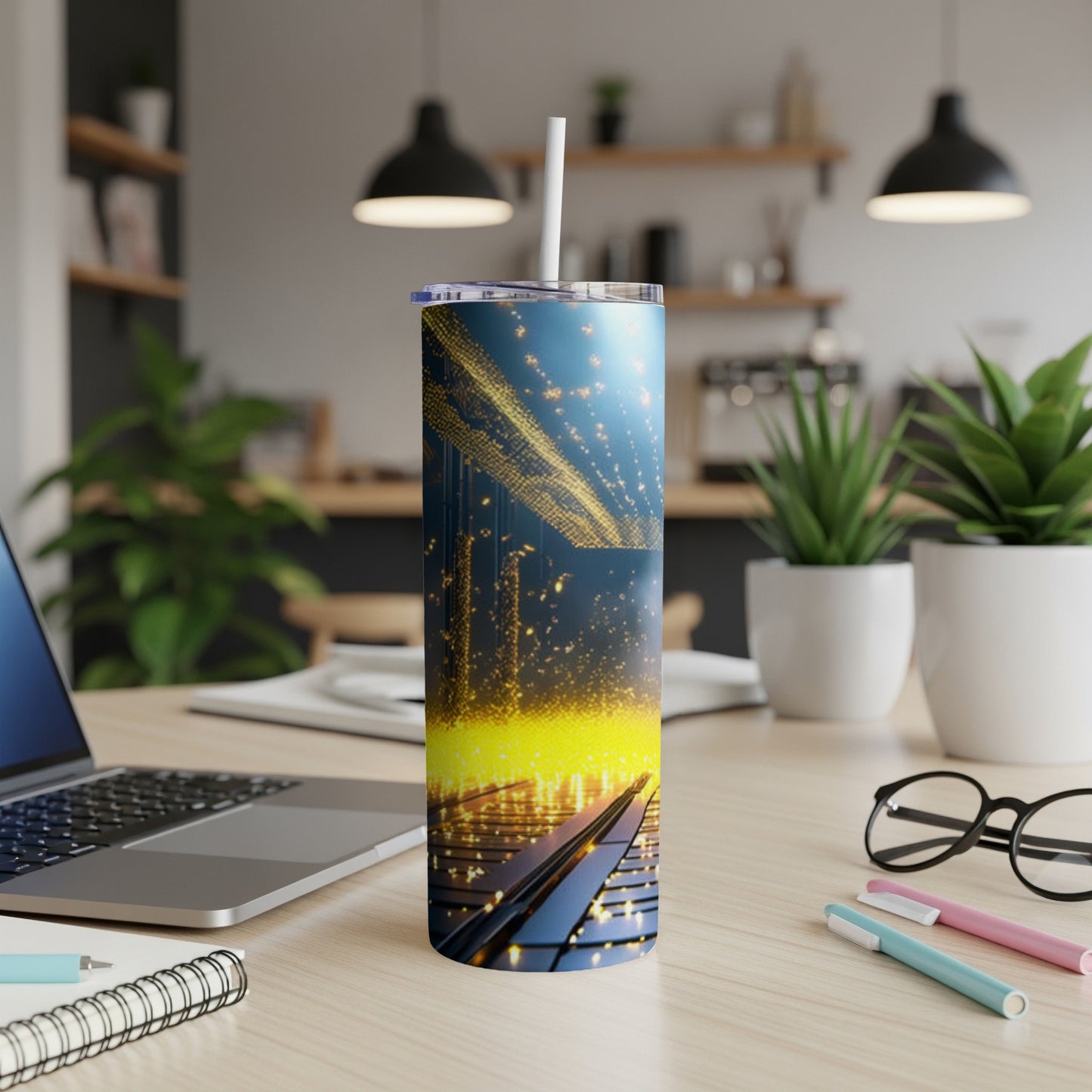 Tall tumbler with glowing golden lights and starry pattern, on a desk.