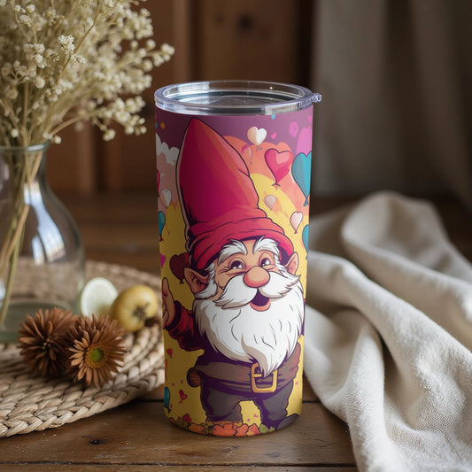 Cheerful Gnome with Hearts Design on Colorful Tumbler