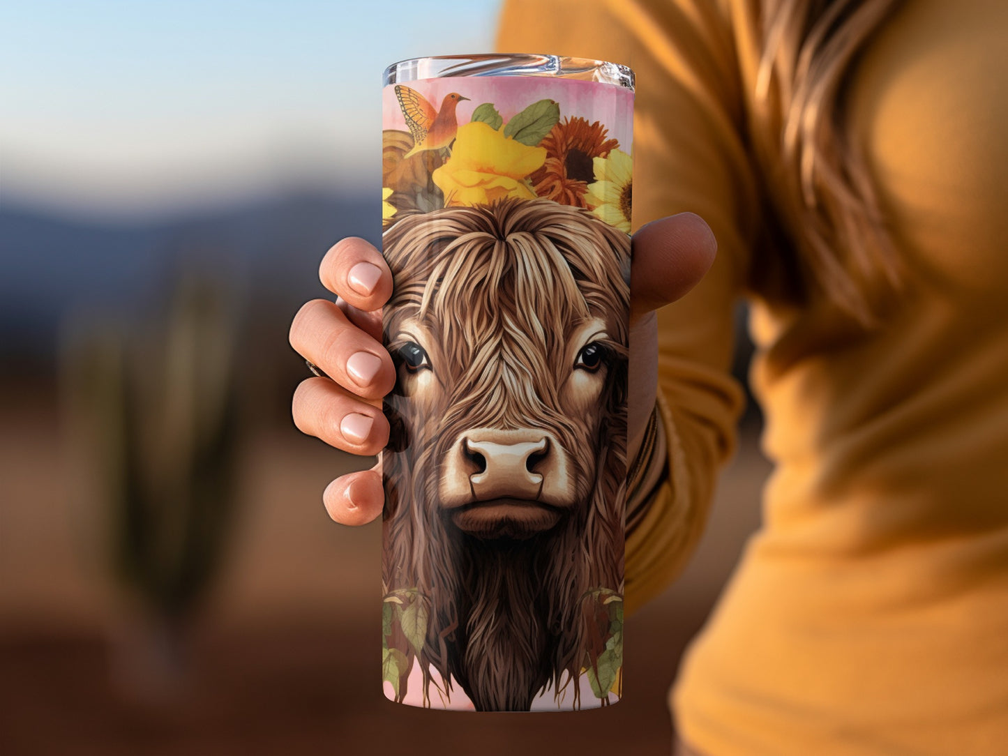 Highland Cow With Floral Design Tumbler Cup Coffee Flask