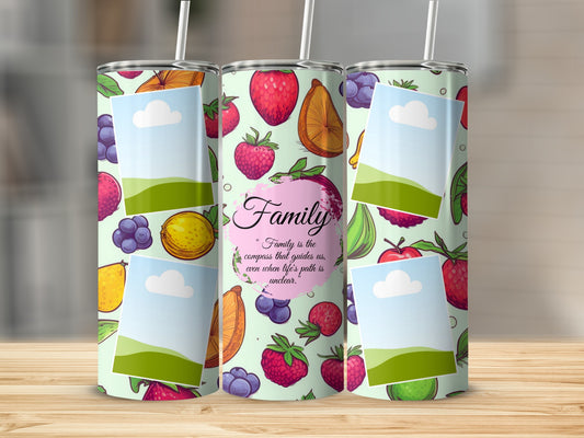 Tumbler with fruit pattern and "Family is the compass that guides us" quote.