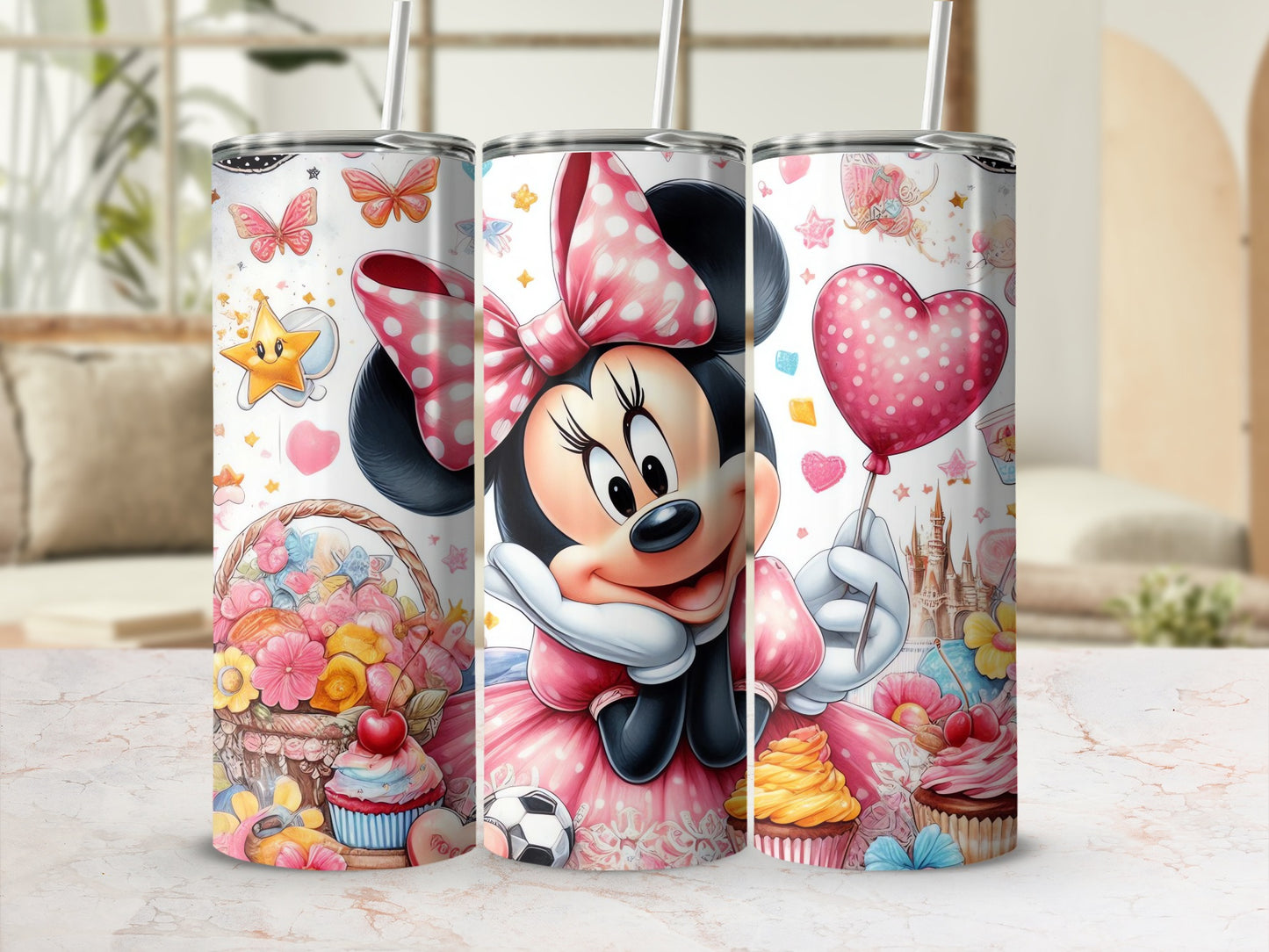 Minnie Mouse Floral Heart and Cupcakes Tumbler