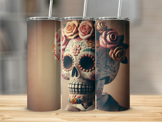 Sugar skull tumbler decorated with roses and a tie.