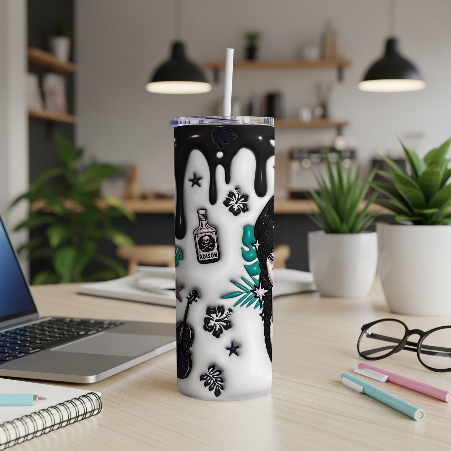White tumbler with gothic floral and poison bottle design.